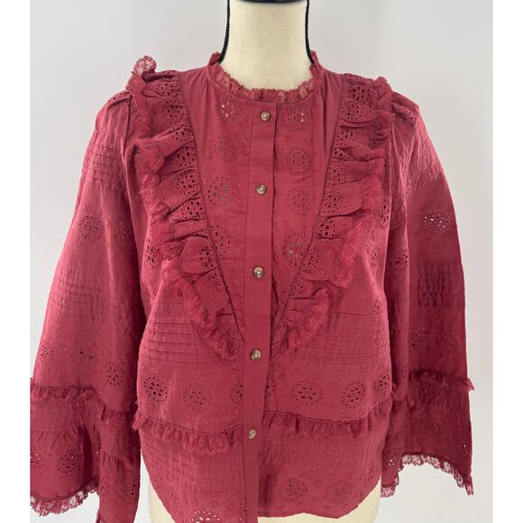 Sezane Tops - Sezane Nele Blouse Rosewood Red Lace Ruffle Top Button Down Shirt 38 6 NWT